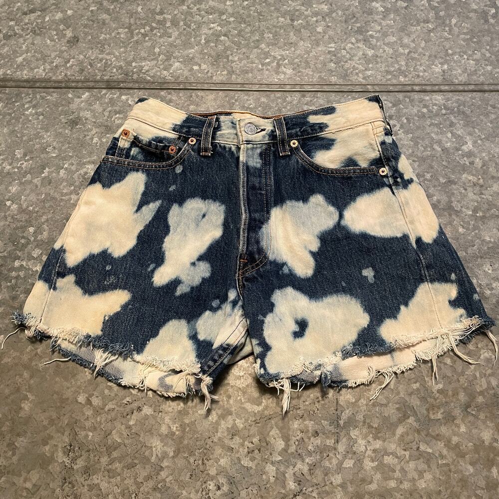 Vintage Levi's 501 USA Button Fly Bleach Tie Dye Denim Jean Shorts Womens 26 90s